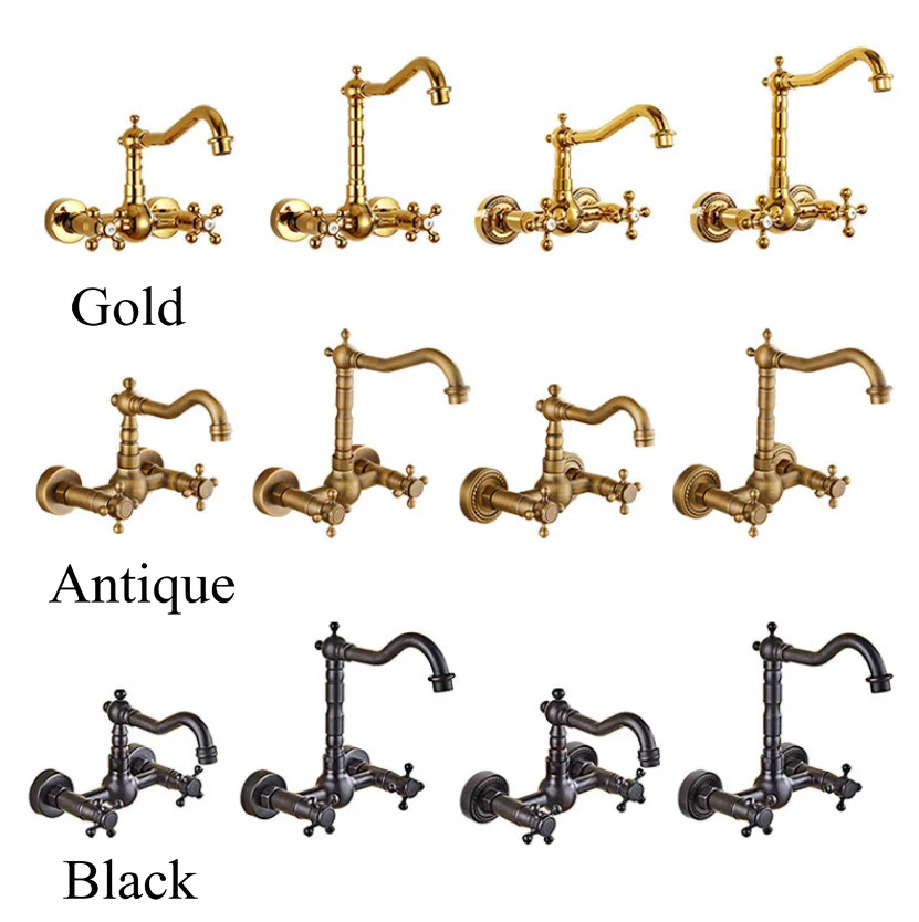 Antique brass cold hot basin faucet wall hanging wall household double handle balcony washbasin faucet