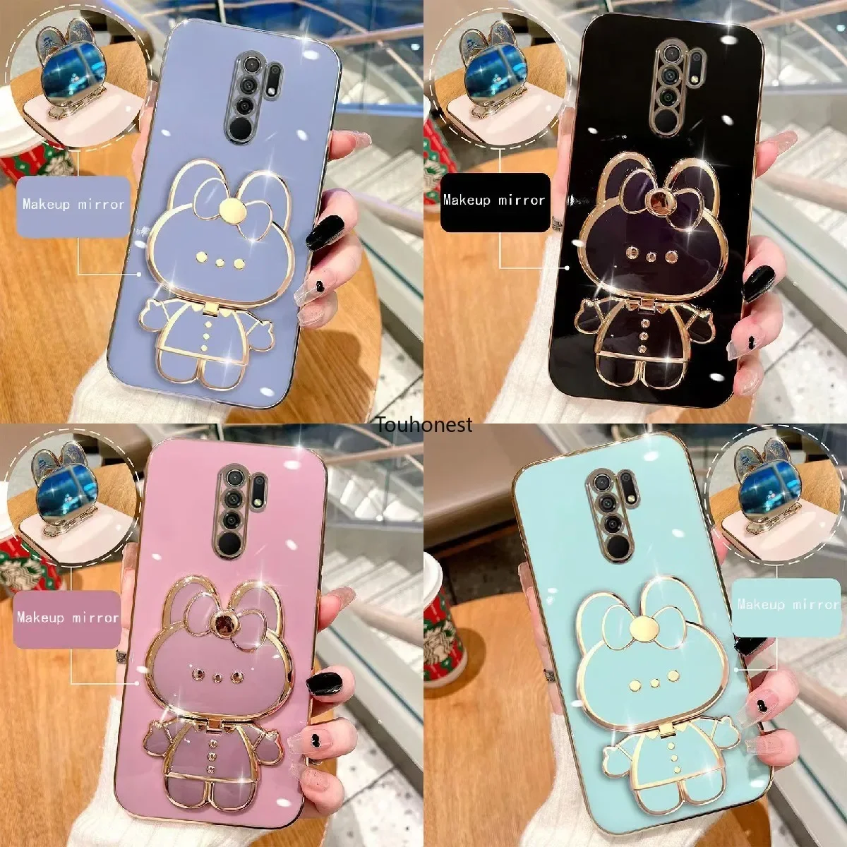 Casing For Xiaomi Redmi 7 8 9 10 Prime 8A 9A 9i 9C NFC 10A 10C Cute Bunny Bracket Cartoon Stand Vanity Mirror Rabbit Phone Case