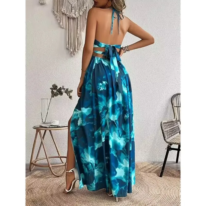 Abito vintage da donna con bretelle con spacco laterale senza schienale Y2K stampato lungo da vacanza abito sexy con cinturino con scollo a V e lacci senza schienale