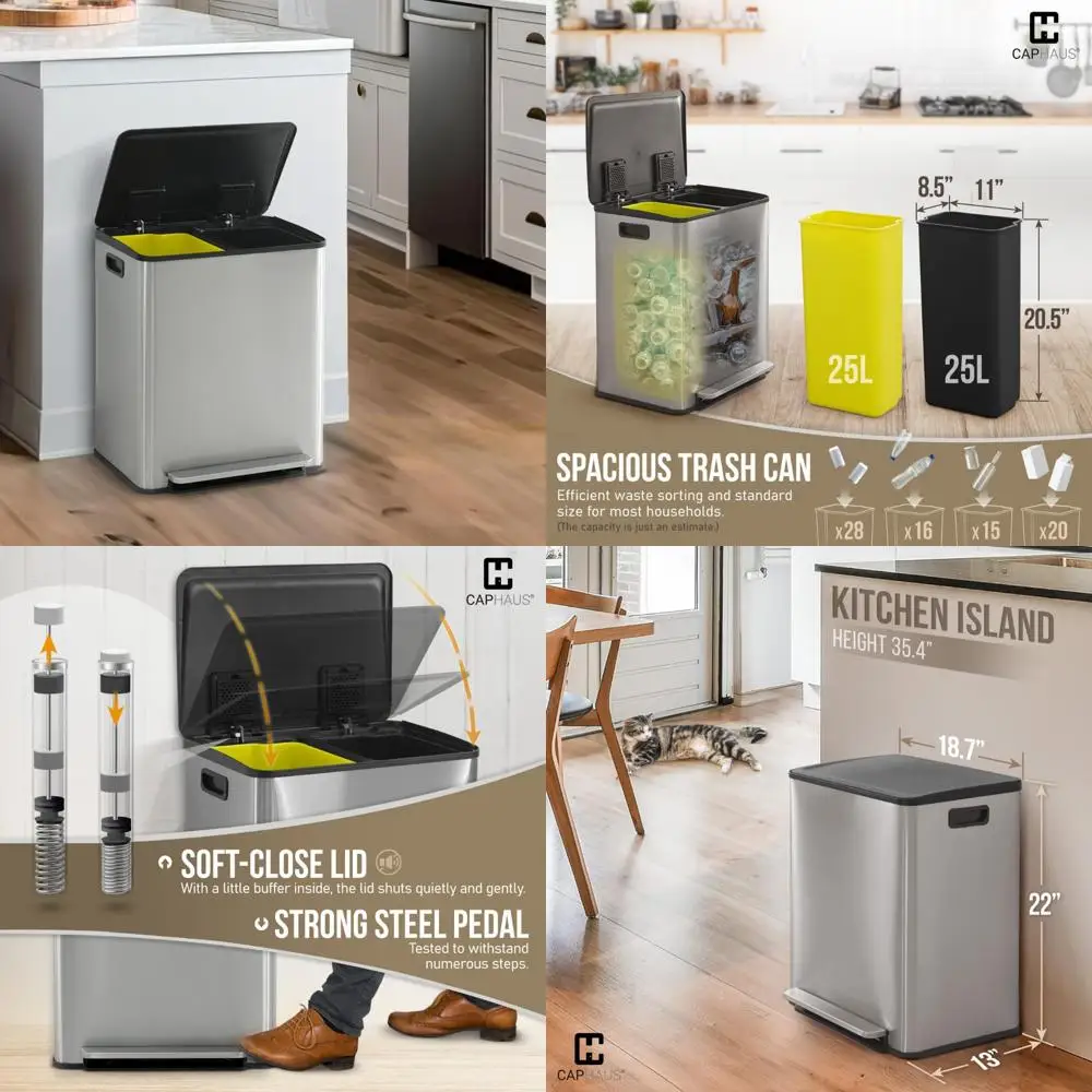 

Hands-Free Stainless Steel Dual Trash and Recycling Bins Combo for Kitchen, Compact Design with Two Compartments for Waste Manag