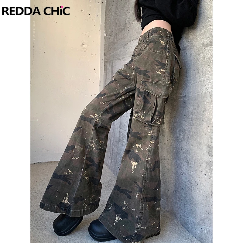 ReddaChic Women Distressed Camouflage Flare Jeans High Waist Big Pockets Wide Leg Bootcut Cargo Pants Retro Harajuku Streetwear