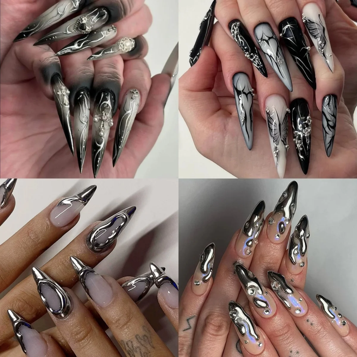 Punk Cross Exta Long Pointed Fake Nail Art Black Halo Dyeing False Nail Terror Halloween Heart Metal Press on Nail Manicure Tool