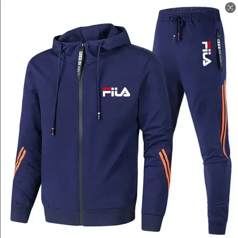2026 Winter Men Full Zip Side Stripe Print Tracksuit Hoodie Jogger Pants Loose Casual Fitness Two Piece Set
