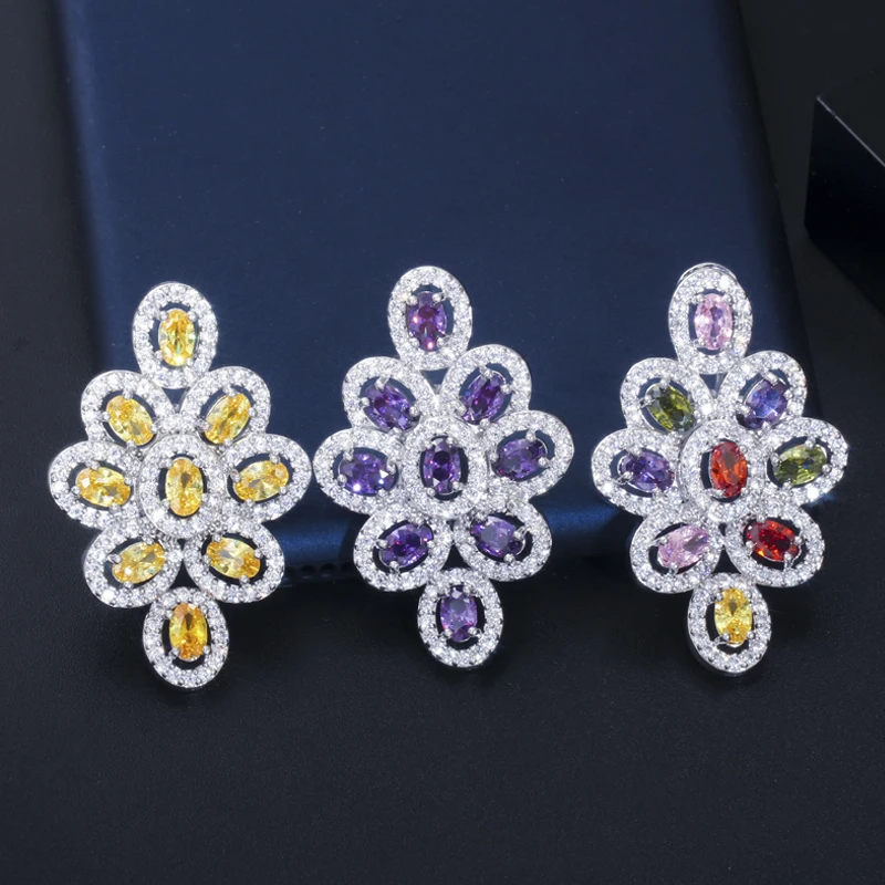 ThreeGraces Fashion Shiny Blue Cubic Zirconia Big Flower Stud Earrings for Ladies Elegant Bridal Party Costume Jewelry E1813