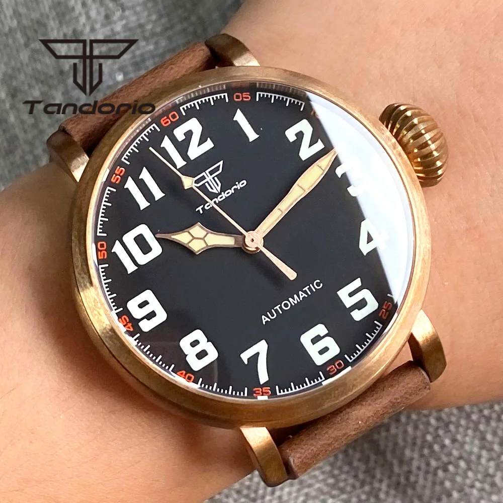 Tandorio Real CUSN8 Solid Bronze 46.5mm NH35A PT5000 Automatic Watch for Men Sapphire Glass Black Dial Leather Strap Screw Crown