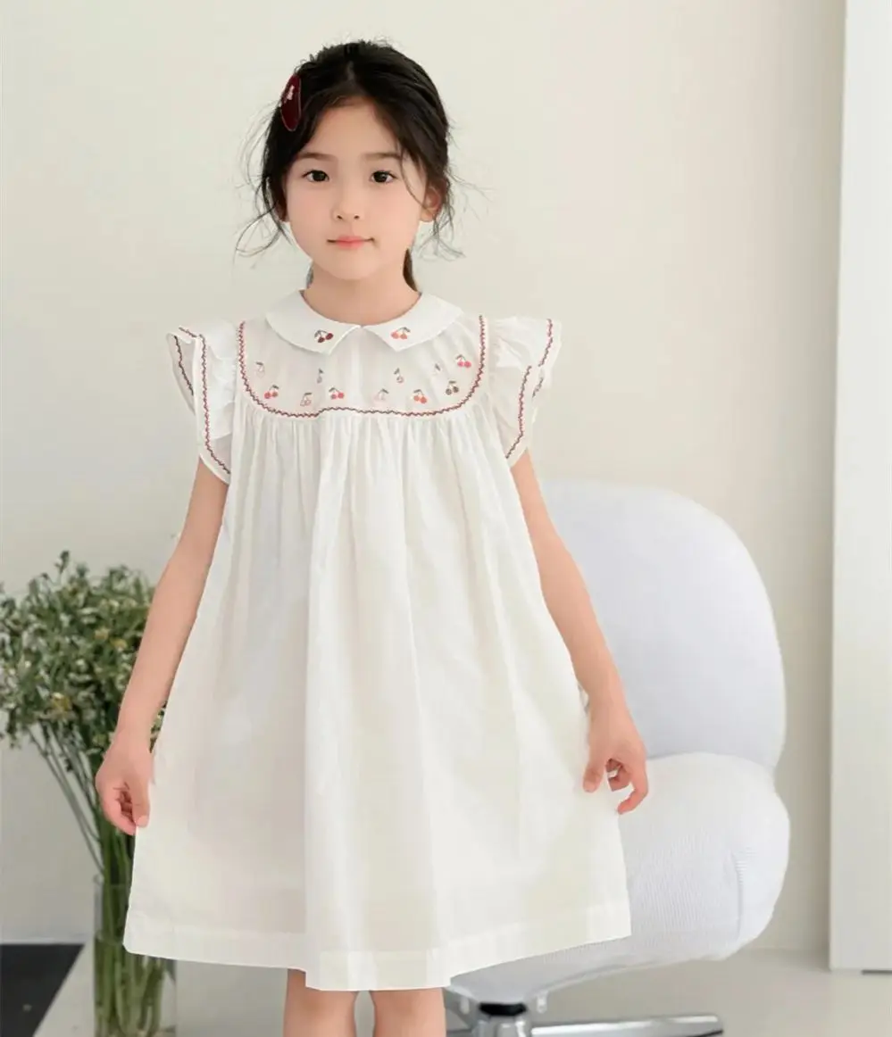 

kids clothes girls summer dresses French style girls' summer dress Cherry Embroidered White Sweet Dress