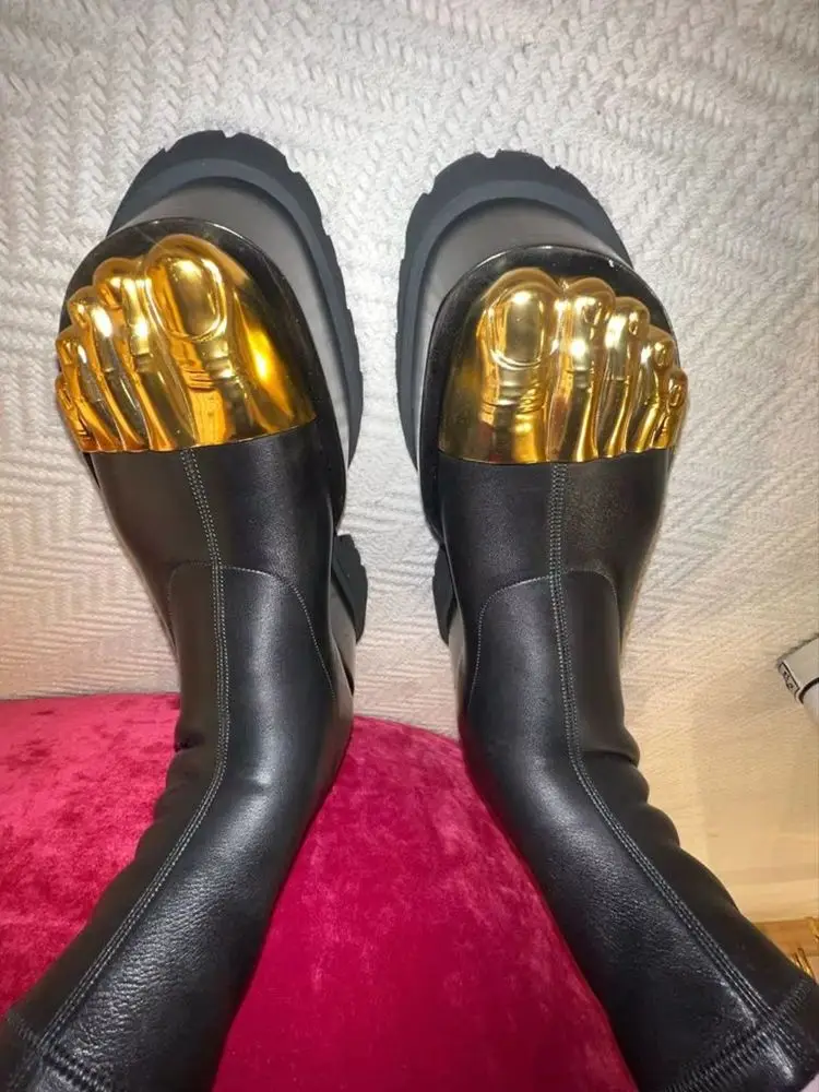 Sexy Black Gold Five-Finger Short Boots round Toe Casual Stretch Street Fashion Party 2026 Catwalk Stage Model Shoes