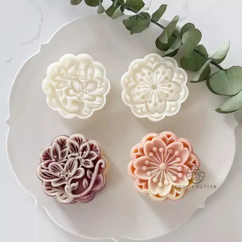 2pcs/Set 75g Azalea Flower Moon Cake Plunger Mold Cherry Cookie Cutter Stamp Mid-Autumn Festival Pastry Dessert Baking Gadgets