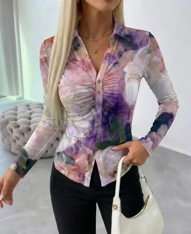 Women's Sexy Oil Painting Floral Print Turn-Down Collar V-Neck Long Sleeve Shirt Female Slim Button Front Ruched Sheer Mesh Top