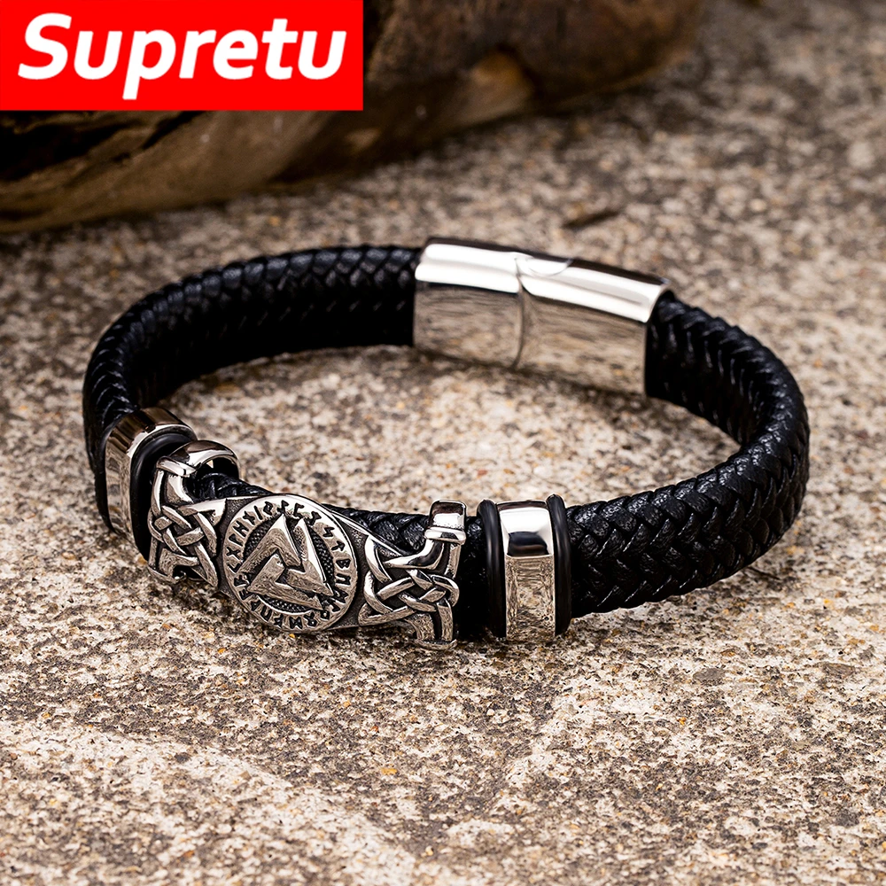 Norse Rune Hrungnir\'s Heart Genuine Leather Bracelet Men Stainless Stee Viking Celtic Knot Valknut Bangle Icelandic Jewelry Gift