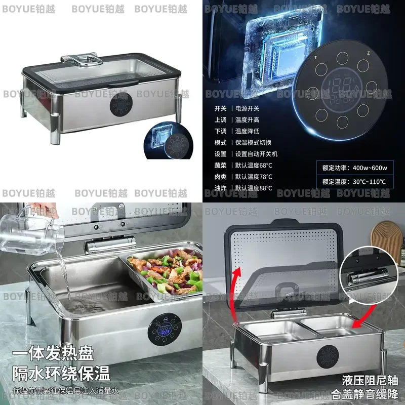 Stainless Steel Hydraulic Glass Cover Buffet Warmer Hotel Breakfast Insulation Chafing Dish Large Visual Display