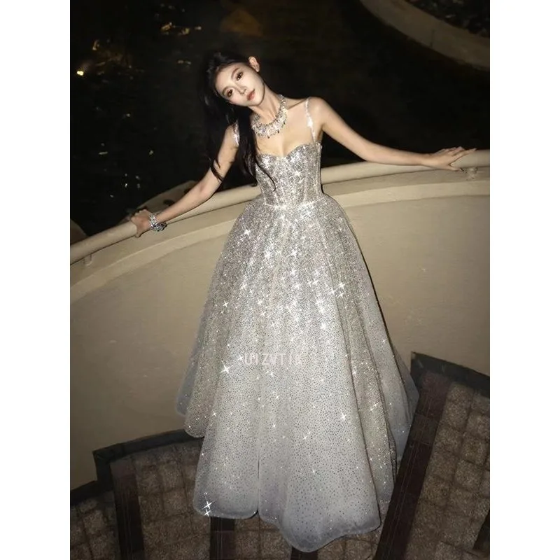 Silver Long Evening Party Gown Wedding Dresses Luxury Women Sequined Princess Style Prom Dress Elegant Formal Occasion Dress