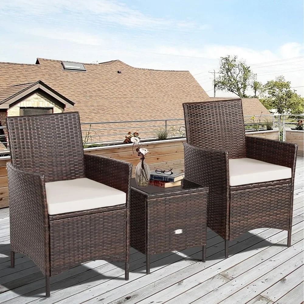 

3Piece Patio Conversation Set,Wicker Chairs with Glass Top Square Coffee Table & Cushions, All-Weather for Garden Backyard White