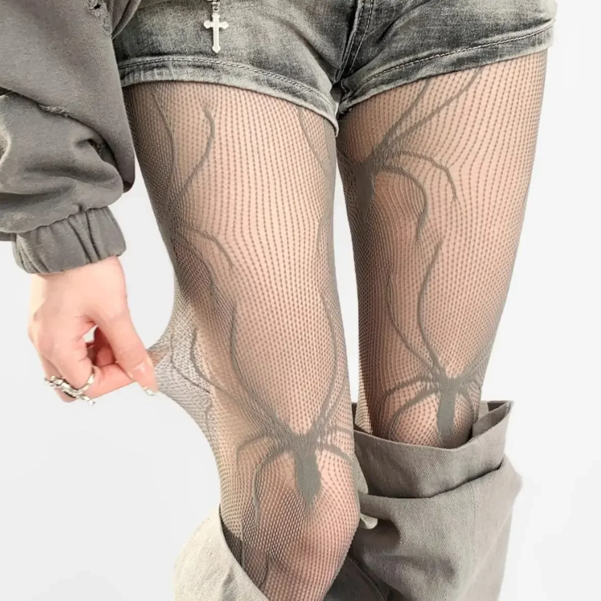 

Sexy Lace Grey Fishing Net Stockings Spider Pattern Black Silk Thin Mesh Bottoming Pants Tights Summer Thin Material
