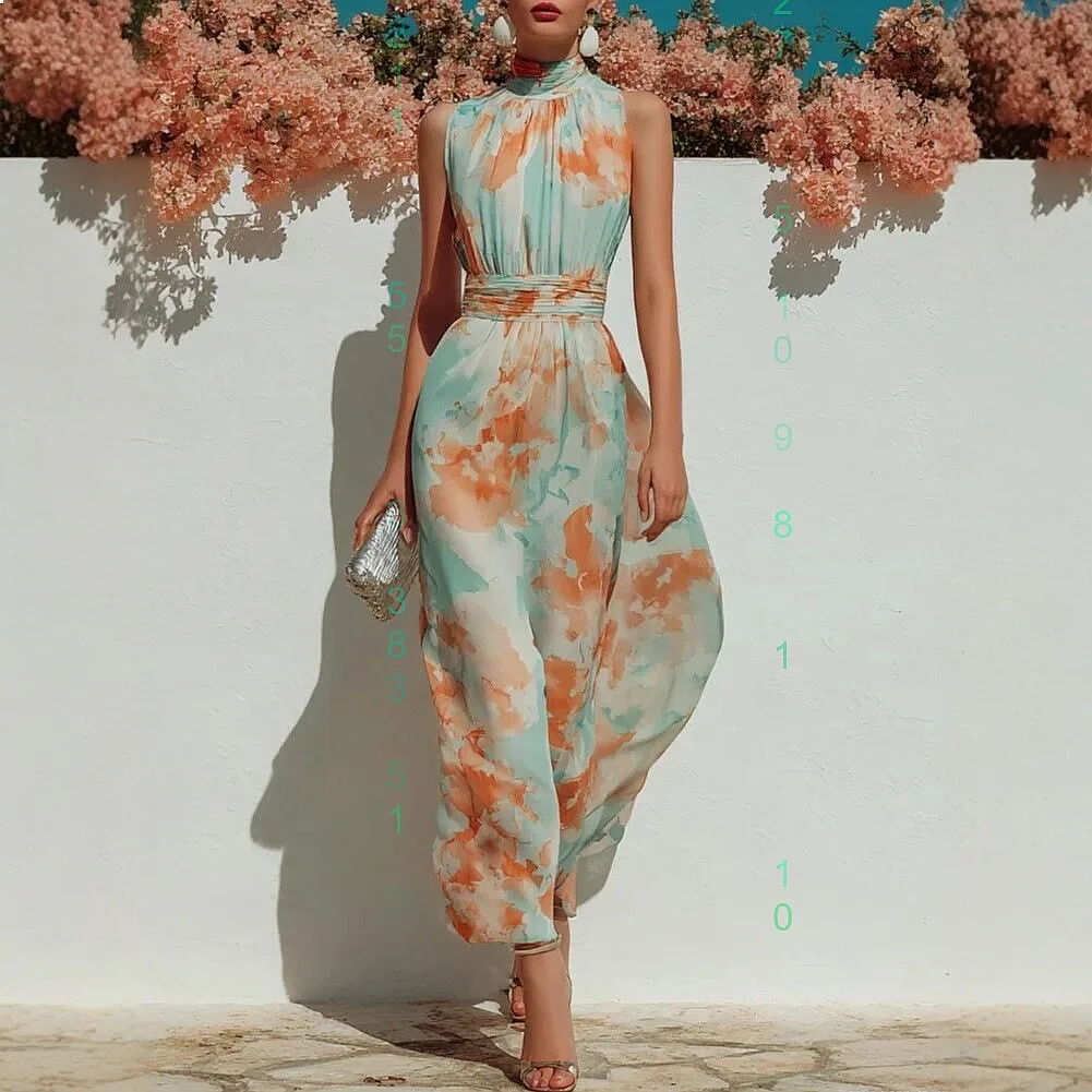 

Women's Sleeveless Digital Print Waist Pleated Maxi Dress Shirt Dress Dresses