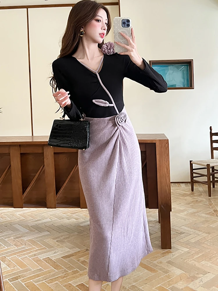 

2025 черное лоскутное фиолетовое искусственное платье из двух предметов, осень-зима, облегающее платье с длинными рукавами, женское корейское элегантное праздничное платье, Vestidos