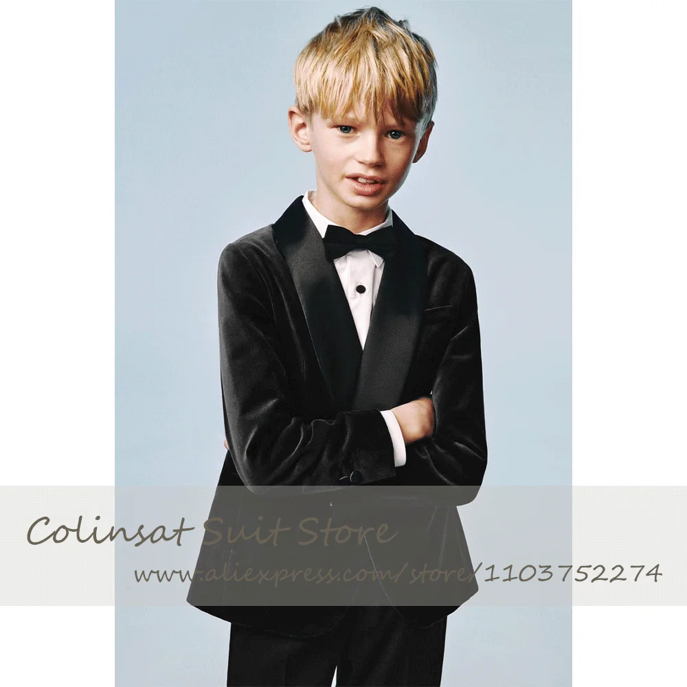 Black Navy Boys Suits 2 pcs Velvet Shawl Lapel Jacket Blazer Ring Bearer Wedding Event Tuxedo Child Boy Costume Elegant Clothes