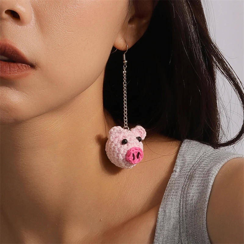 Cartoon Dog Pig Frog Drop Earrings Cute DIY Handmade Knitted Animal Dangle Earrings for Women Girl Party Festival Jewelry Gifts