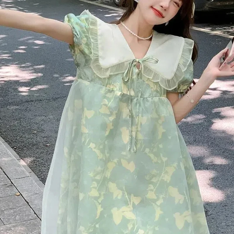 2024 Summer New Women\'s Korean Commute Printed Spliced Peter Pan Collar Drawstring Loose Short Sleeve Sweet Chic A-line Dresses