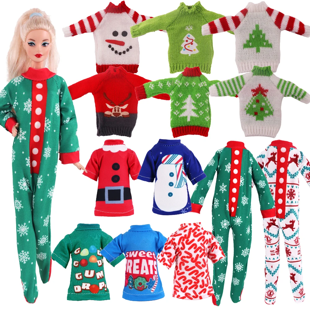 Doll Clothes Christmas Jumpsuit Sweater Short Sleeve For Barbies Accessories Cute Snowman Pattern For Big Elf Dolls,Holiday Gift