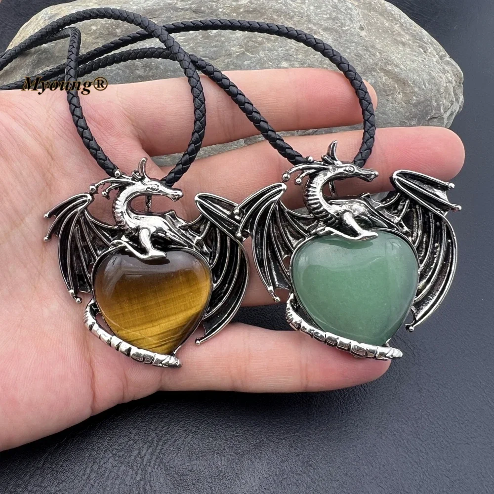 

10PCS Large Heart Shape Natural Gems Tiger Eye Stone Aventurine Crystal Quartz Vintage Dragon Pendant Hide Rope Necklace FR001