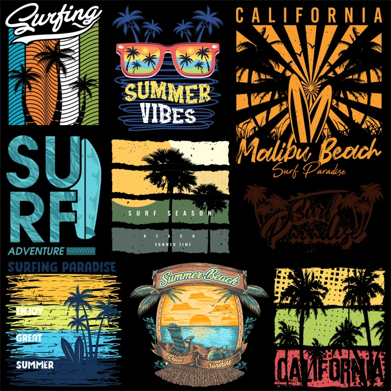 Verão Praia Surf e Palmeira Jogando Ferro Em Transferência Personagem Patch para Vestuário Lavável Vestuário Acessórios