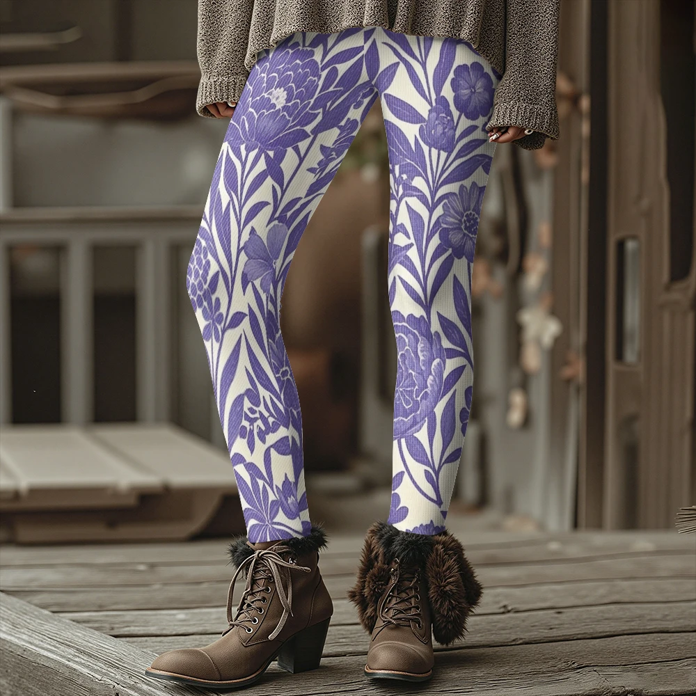 Cozy Chic Women's Leggings Purple Flowers and Leaf Thickened Winter Tights Perfect for Casual Outings Fitness Woman Trousers