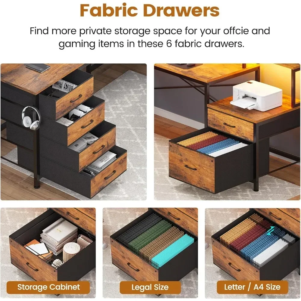 Mesa de escritório em forma de L com 6 gavetas, mesa de casa de 108 polegadas, mesa de computador de canto, rack de monitor, mesa de duas pessoas, mesa de jogos