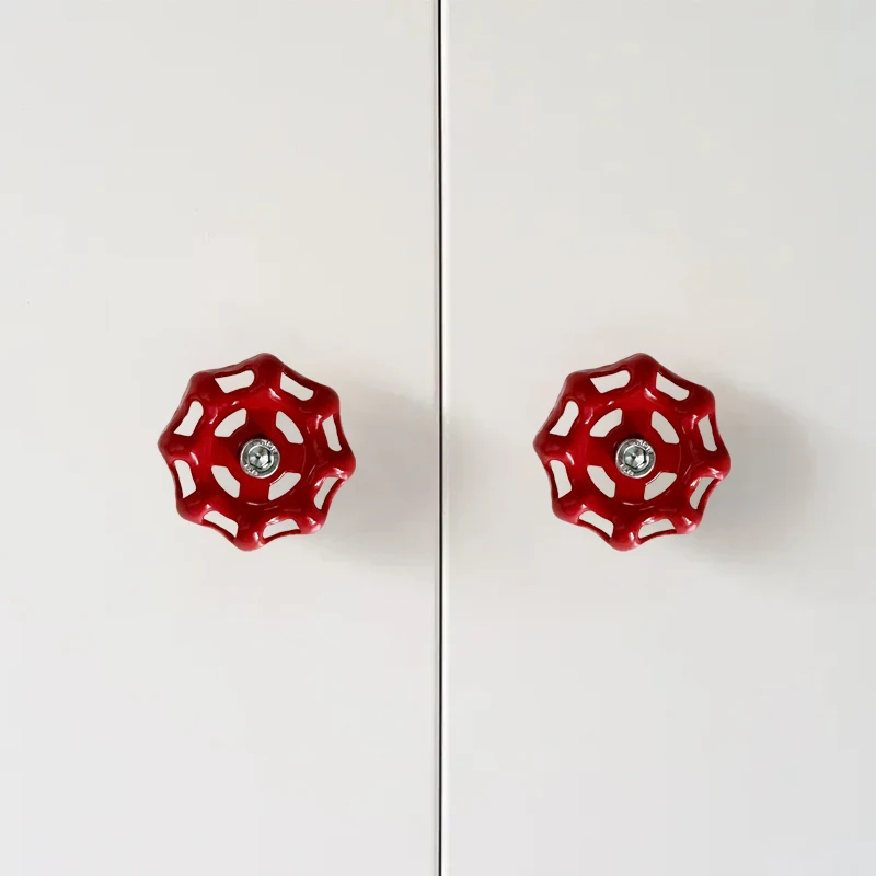Wrought Iron Cabinet Pulls Handles Valve Single Hole Red Wardrobe Water Pipe Plum Blossom Drawer Round Furniture Hardware Handle