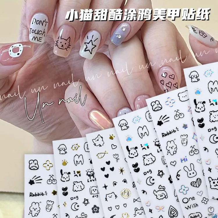 Nail Stickers Cute Cartoon Kitten Curly Puppy Rabbit Doodle Sweet Cool Style Waterproof Non Toxic Self Adhesive for Daily DIY