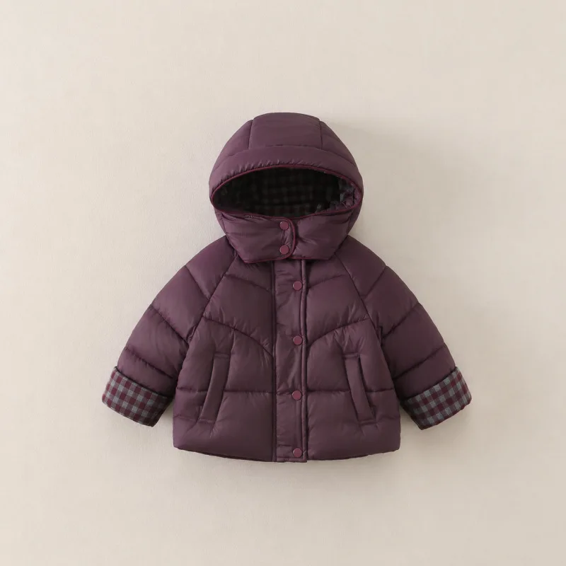 2026 New Winter Minimalist Children's Hooded Plaid Warm and Thickened Concealed Button Cotton Jacket