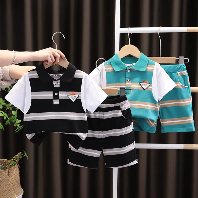 

New Children Clothes Suit Summer Kids Boys Big Strips T Shirt Shorts 2Pcs/Set Kids Infant Fashion Clothes Toddler Sportswear