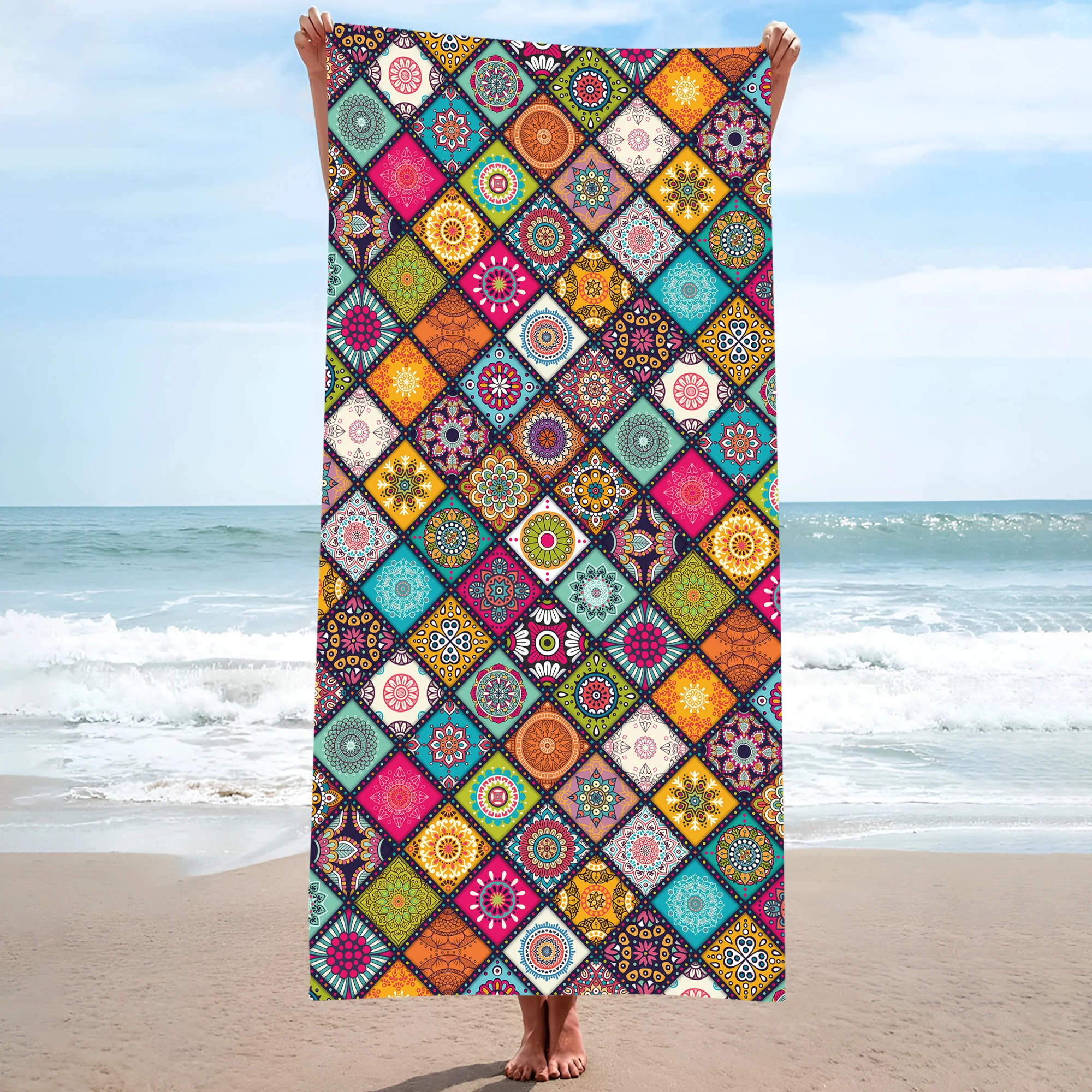 75x150cm Boho Ethnic Geometric Beach Towel Microfiber Aztec Mandala Print Bath Towel Quick Dry Soft Absorbent for Swimming Pool