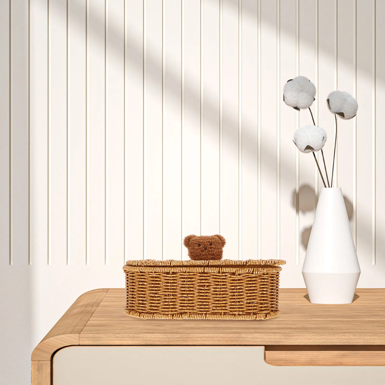 

1pcs Storage Box Imitation Rattan Woven Basket With Bear Handle Desktop Organizer For Home Office School Sundries Holder