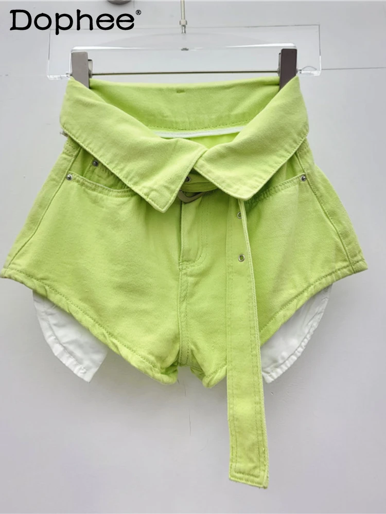 

Women Shorts Green Fashion Flanging High Waist Wide-Leg A- Line Shorts 2024 Summer New Hot Girl Style Pocket Denim Hot Pants