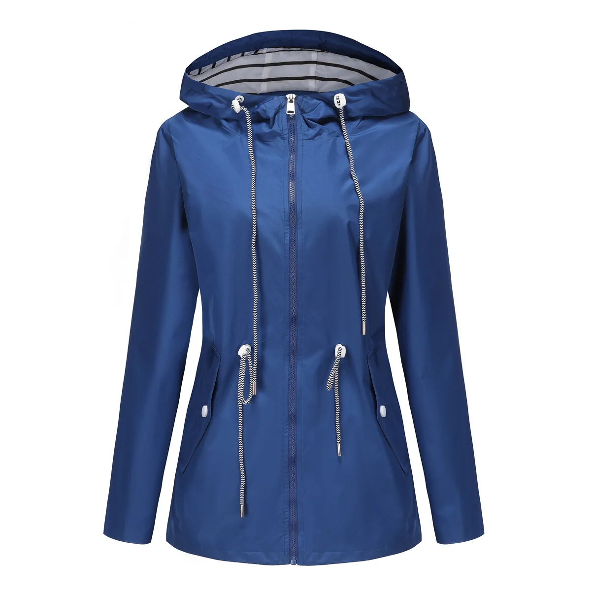 Red Waterproof Hooded Jacket, Women Fashion Casual Coat, Waist Drawstring Tie Zipper Switch Blue Green Yellow Black Windbreaker