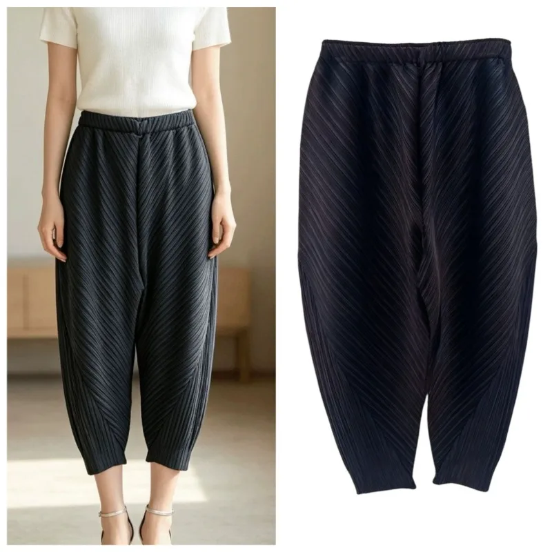 Miyake Diagonal Pleated Pants Women 2026 Summer New Eight-Point Chicken Leg Trousers Pleats Harem Pants Slim Casual Carrot Pants