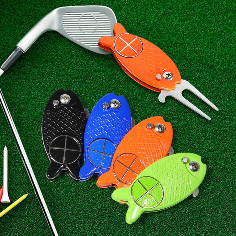 Fish Design Golf Ball Marker Foldable Golf Divot Repair Tool Green Tool Stainless Steel Golf Divot Tool for Golfers