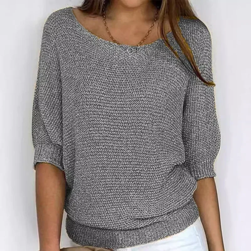 

2025 New Style Spring Solid Color Round Neck Knitted Sweater for Women CommutingElegant SevenQuarter Sleeve Top AirConditio