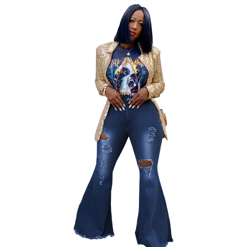 

Fashion Versatile Wide Leg, Ripped Denim Stretch Flared Pants women’s jeans