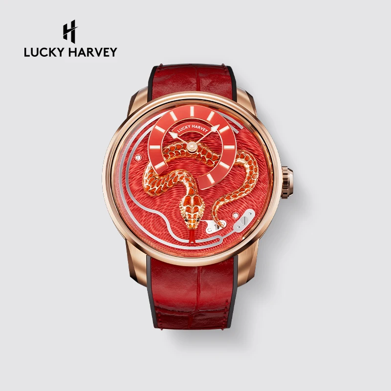 

Lucky Harvey Limited Edition Series Змеиный год Эмаль Ремесло 3D Резная змея Сапфир Светящиеся автоматические механические часы для мужчин