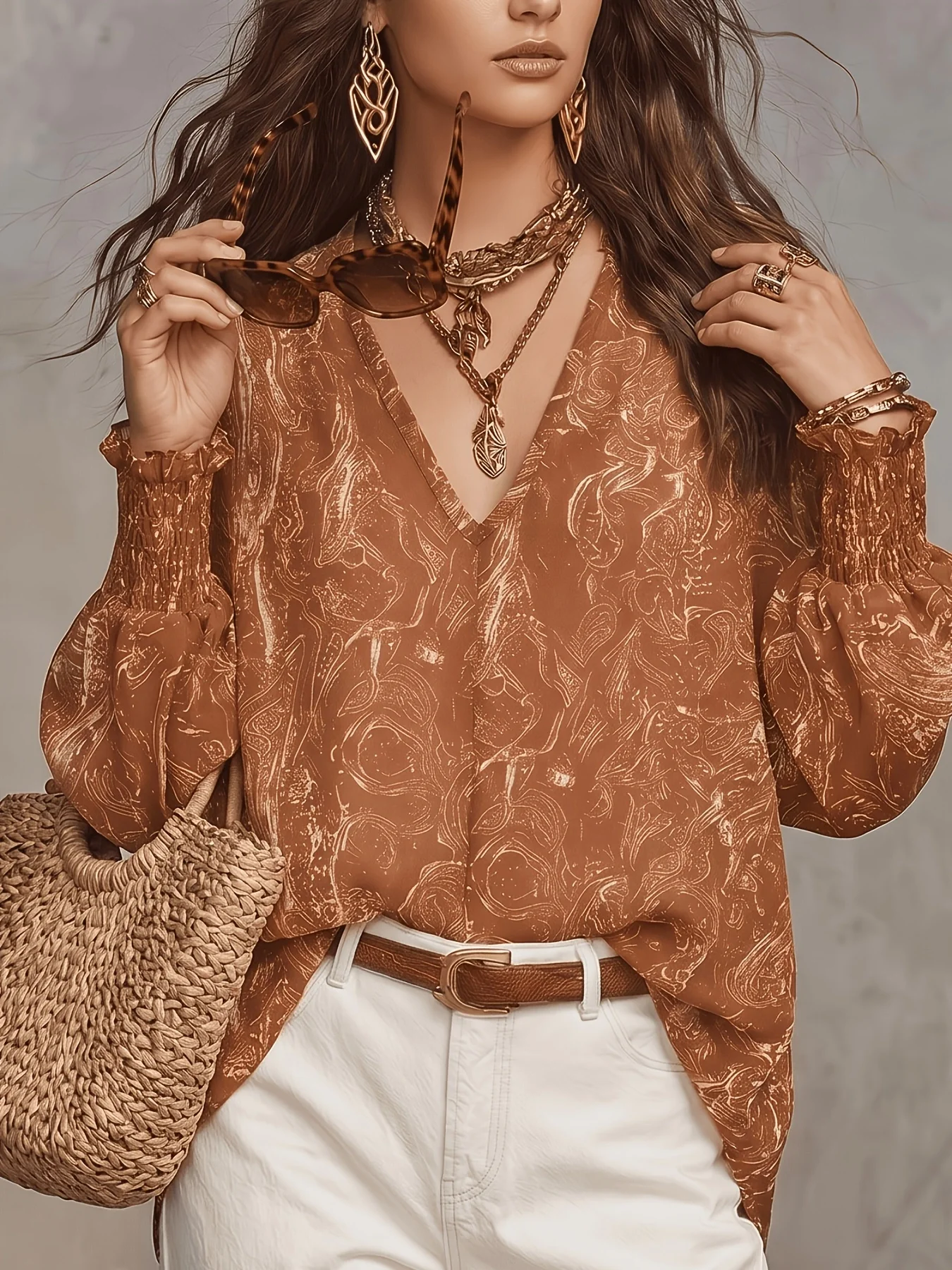 Damen-Bluse aus braunem Chiffon mit Paisley-Print, V-Ausschnitt und langen Laternenärmeln, lässiges, lockeres Boho-Oberteil im Bohemian-Stil für Frauen – Detail 3