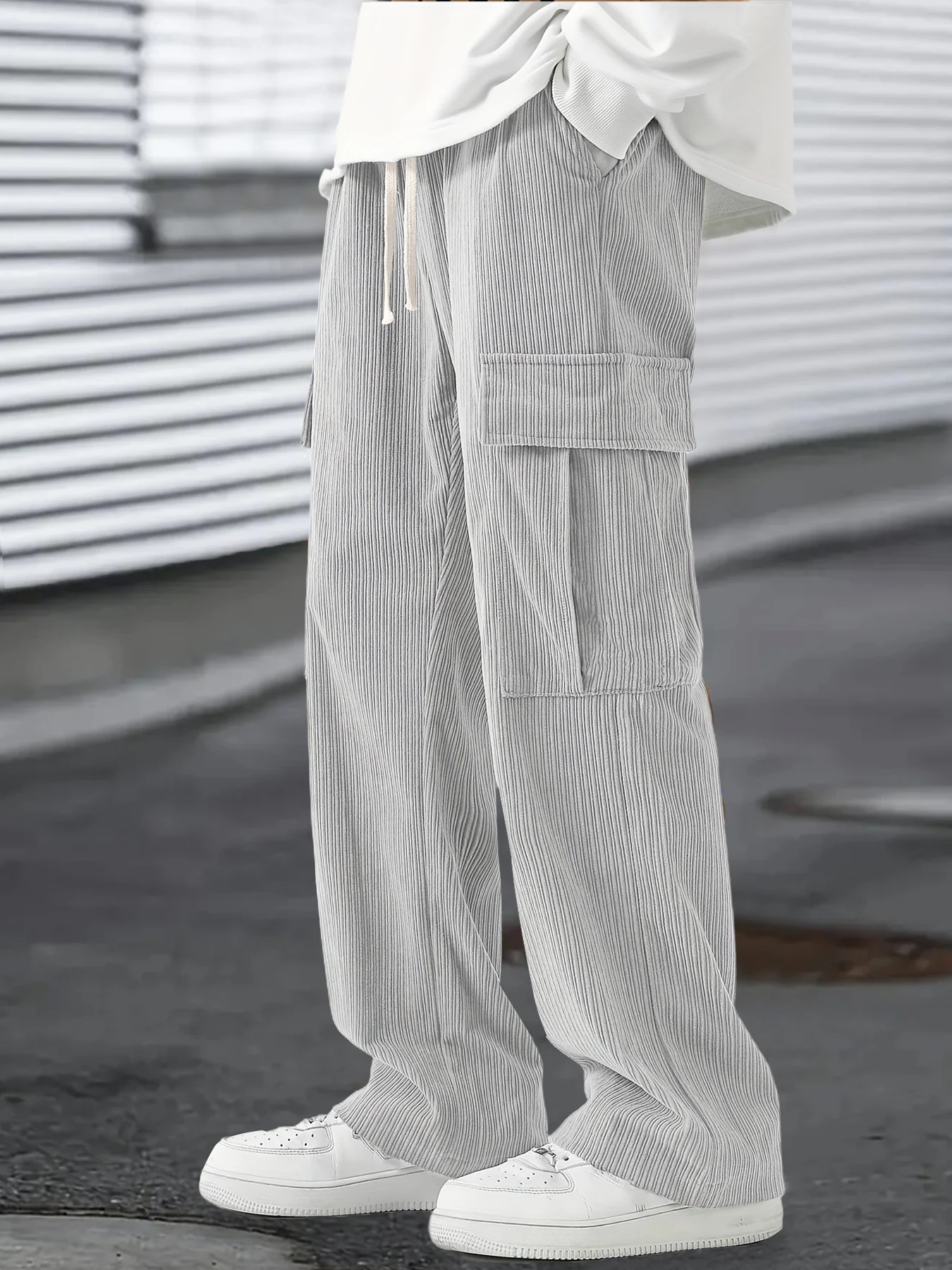 

Ribbed Texture Cargo Straight Leg Pants Men's Spring Fall Loose Drawstring Casual Trousers