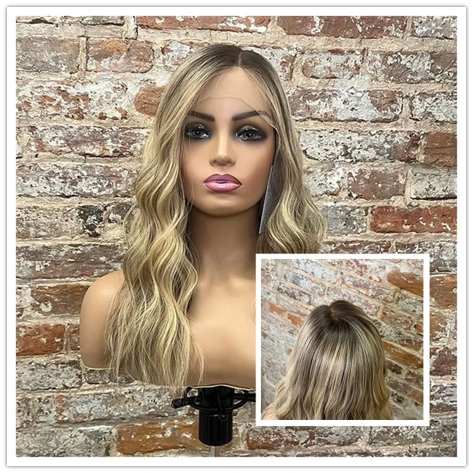 

Синтетический парик с кружевной основой, смешанный цвет: блонд и коричневый, с естественной линией роста волос, для женщин, для вечеринок, с эффектом волны, для повседневного использования