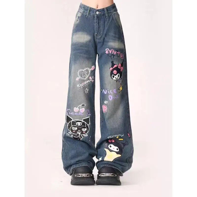 Sanrio cartoon jeans kuromi bonito solto menina pernas largas doce bonito casual moda conforto casual respirável presente para namorada
