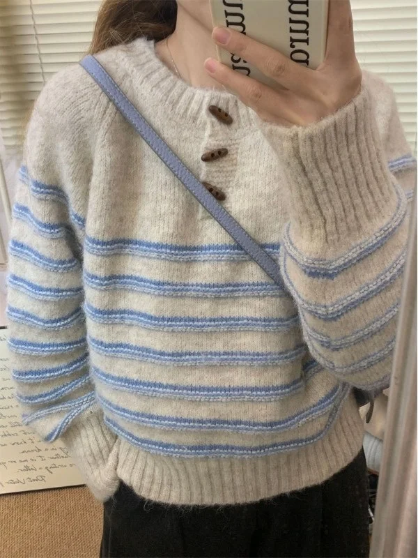 

Loose Knitted Striped Sweater Women's Sle Autumn Winter Top Faionable Basic Long Sve round Ne Single Button Closure
