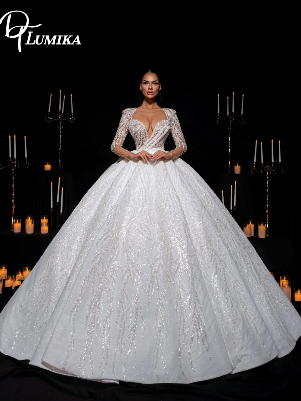 Luxurious Long Sleeve Wedding Dress Intricate Deep V Neck Beaded Bridal Gown Glamorous Royal Wedding Gown Vestidos De Novia