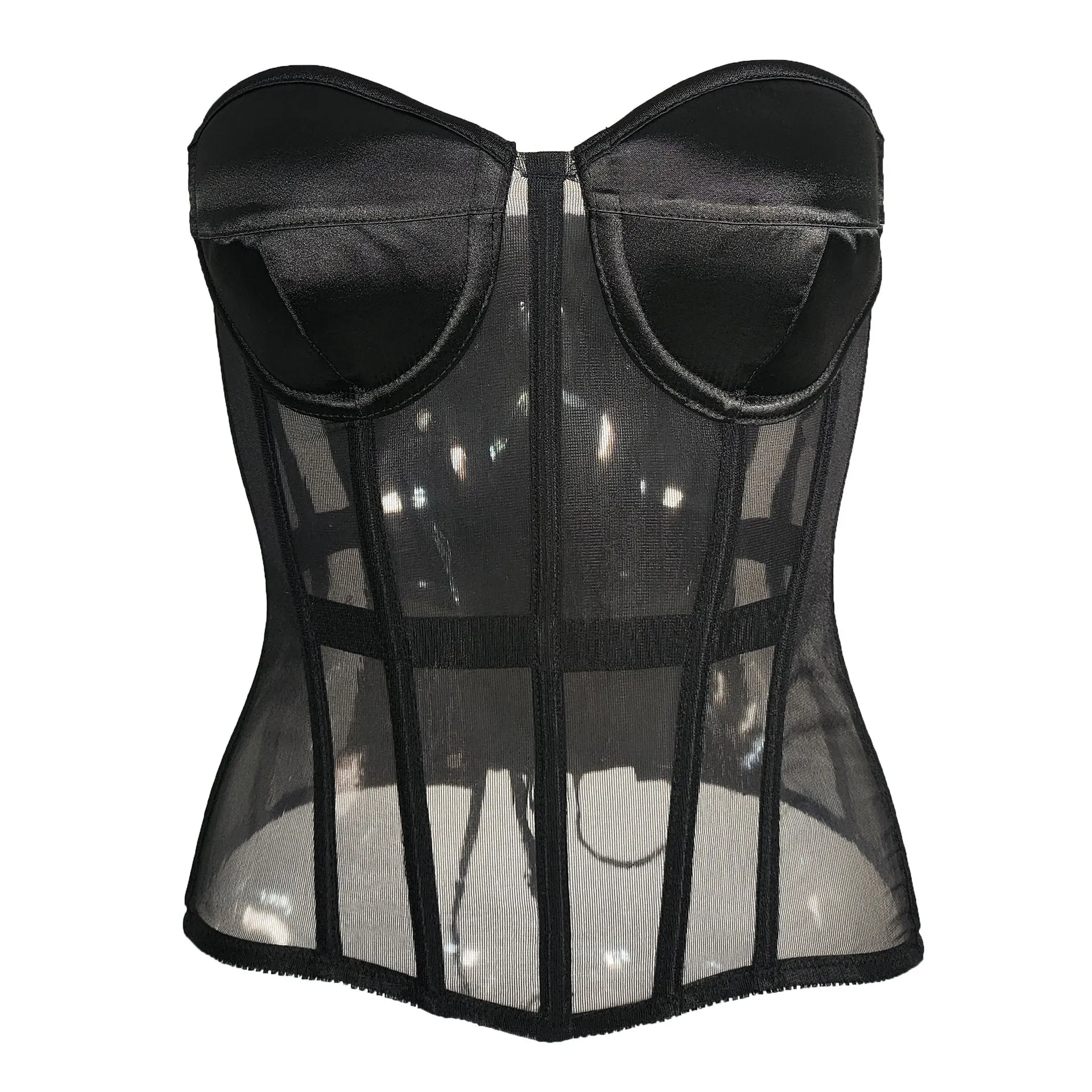 Women's Satin Underbust Corset Bustier Waist Training Cincher Plus Size See Through Bodyshaper Lace-up Boned Tops Bra Shapewear