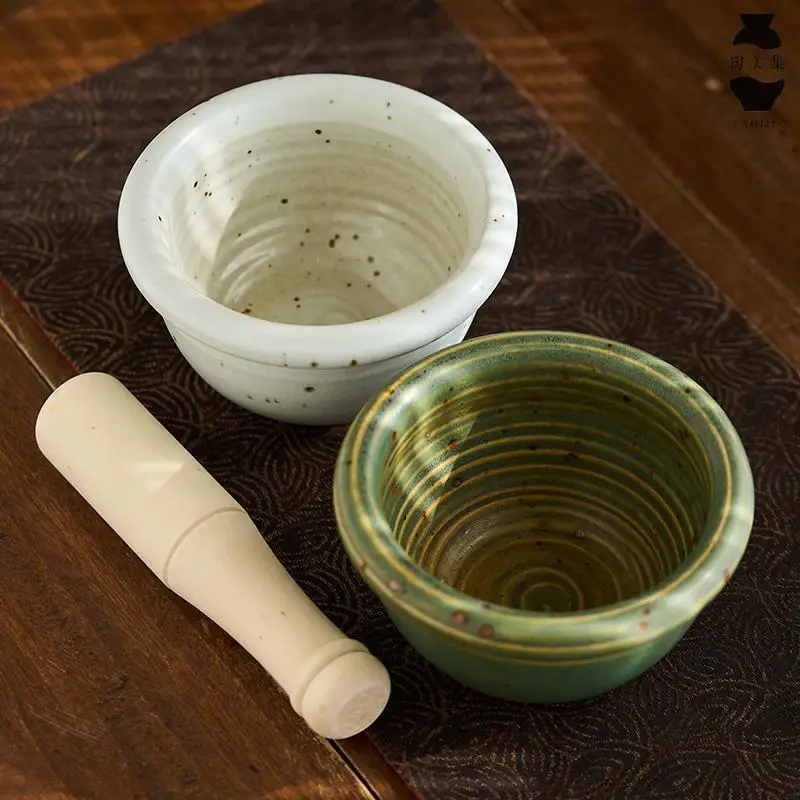Ceramic Stone Mortar Garlic Grinder Handmade Pestle Set Home Kitchen Masher Herb Crusher Cooking Tool Gift Box