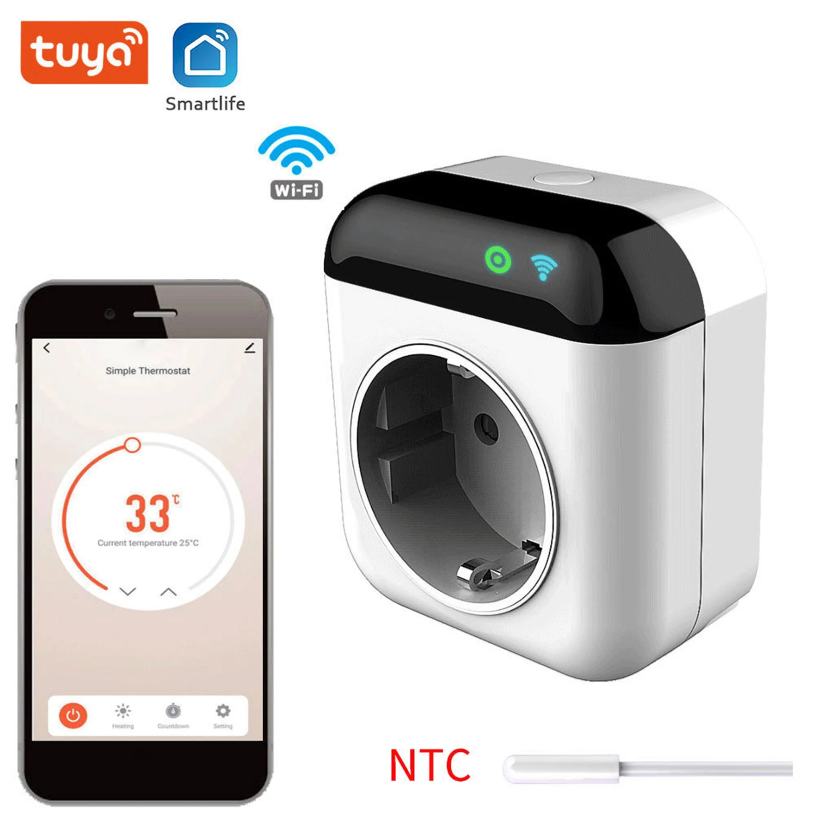 Smart Thermostat Socket 10A Programmable Timed Mini Wifi Temperature Control Socket APP Control Voice Control for Tuya